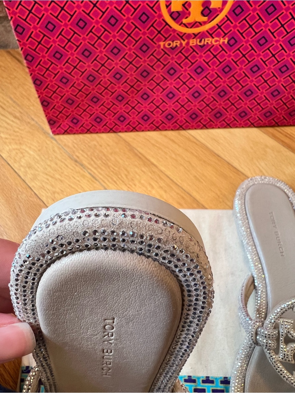 Tory Burch Stone Gray Miller Pavé Knotted Sandals - Picture 9 of 14